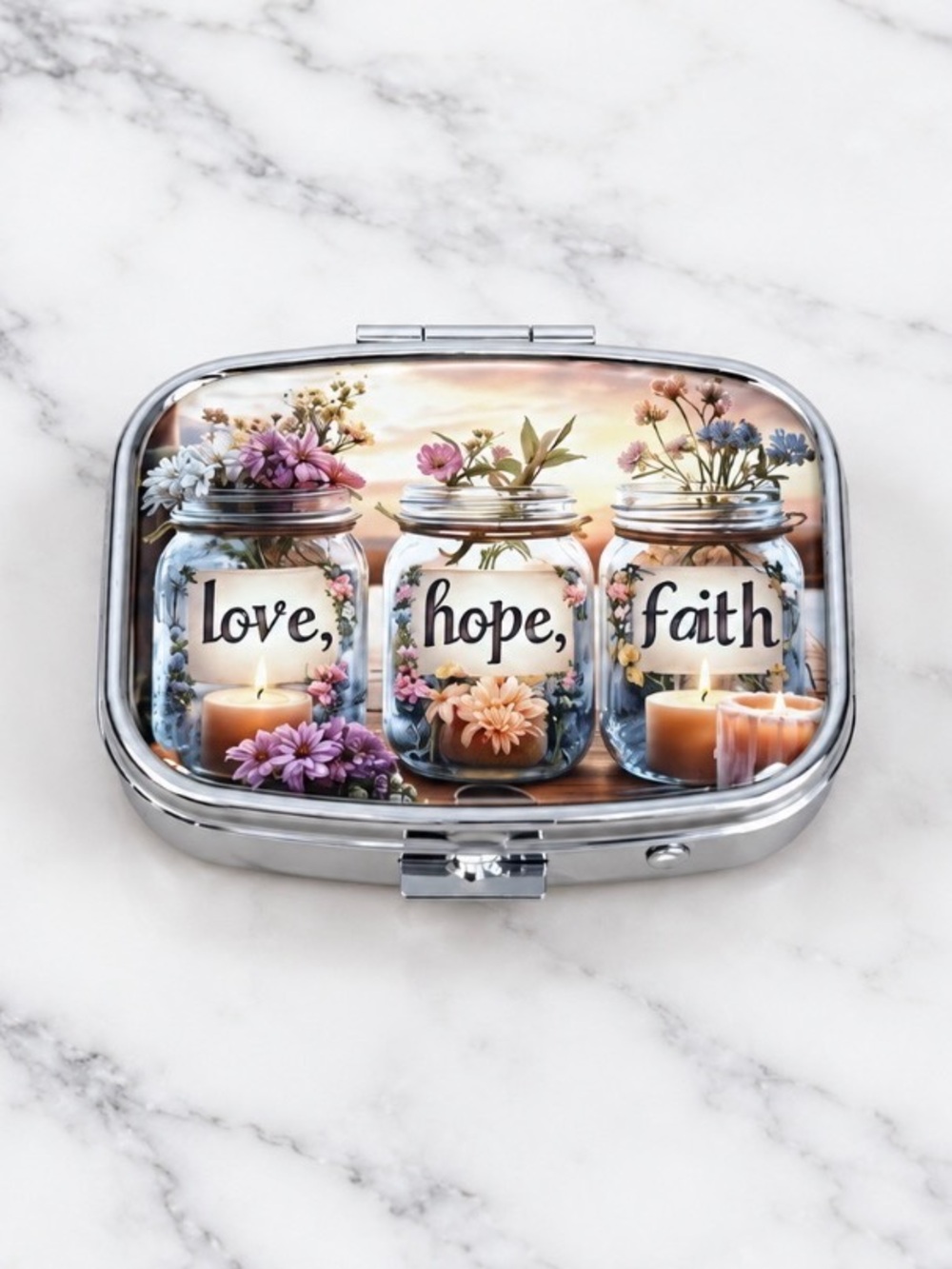 “Live Laugh Love” Design Purse Pill Box/Travel Jewelry Compact With Lidded Mirro
